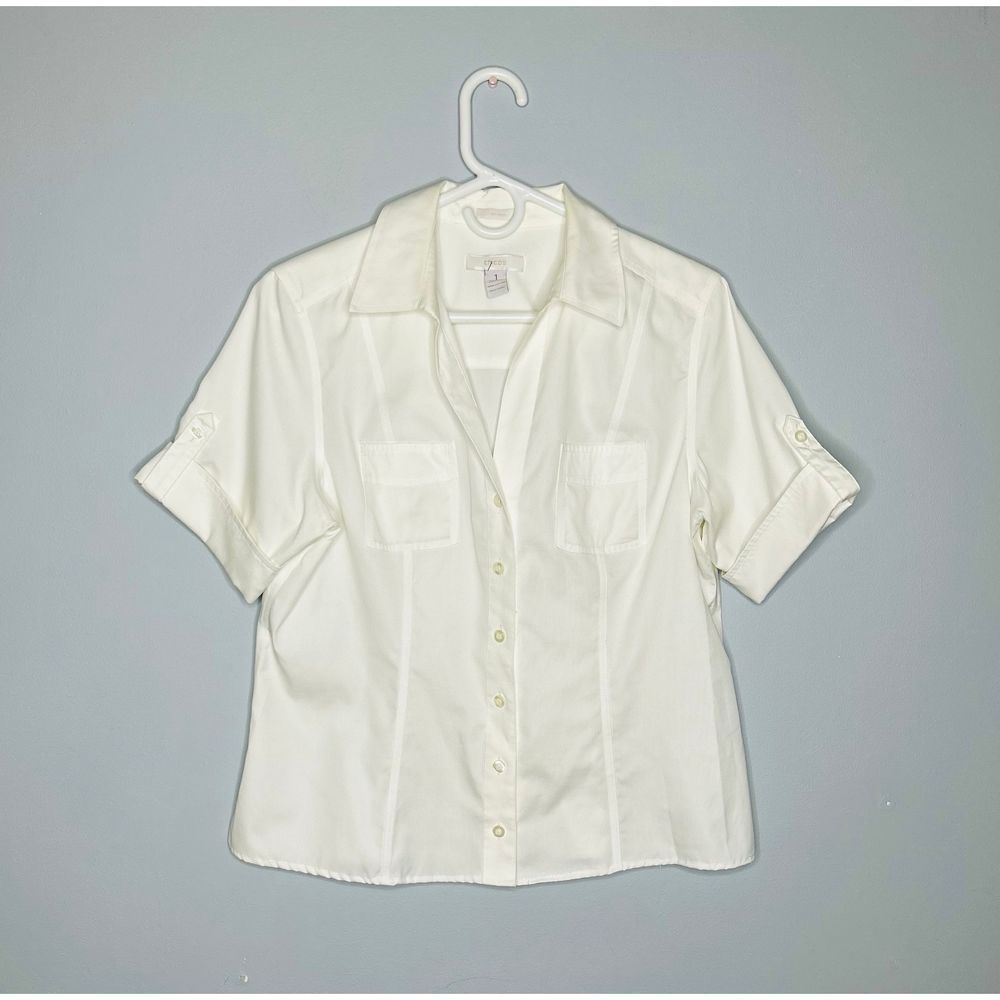 Chico's Non-Iron Short Sleeve White Button Down Shirt Size 1